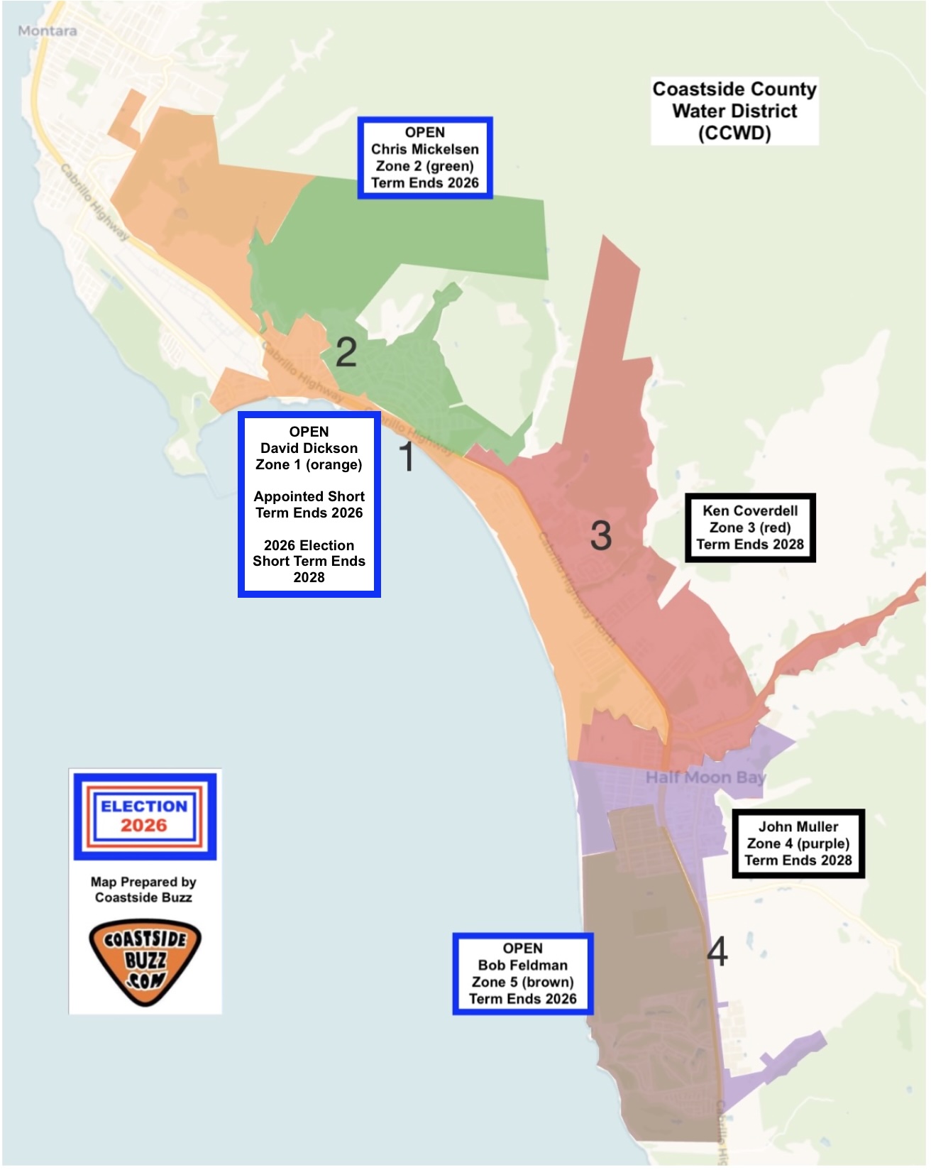 2026 Election ~ Run for Office? Coastside County Water District (CCWD) Represents Half Moon Bay to El Granada and Princeton: Zones 1, 2 and 5 Open